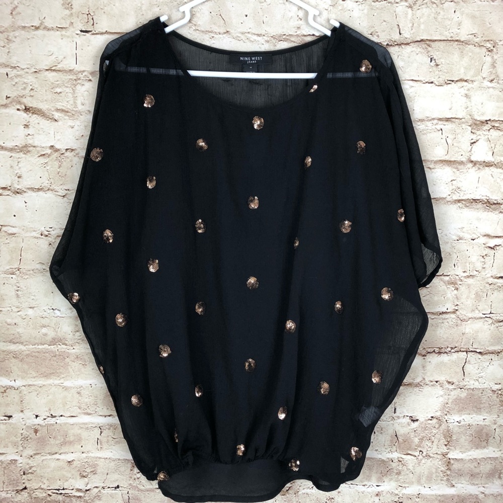 Nine West Jeans Blouse Black Sheer Top Medium